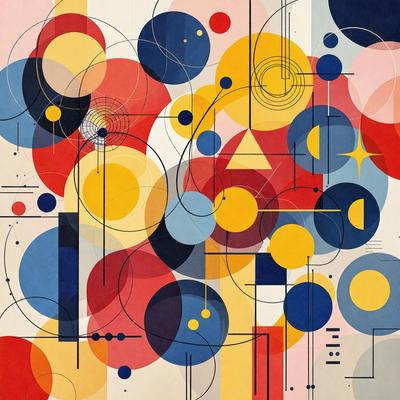 The primary subject of the image is a colorful, abstract painting featuring a variety of shapes, colors, and patterns. The setting is a canvas, and the visual style is a mix of digital art and illustration. The dominant colors in the painting are red, yellow, blue, and orange, creating a vibrant and lively atmosphere.